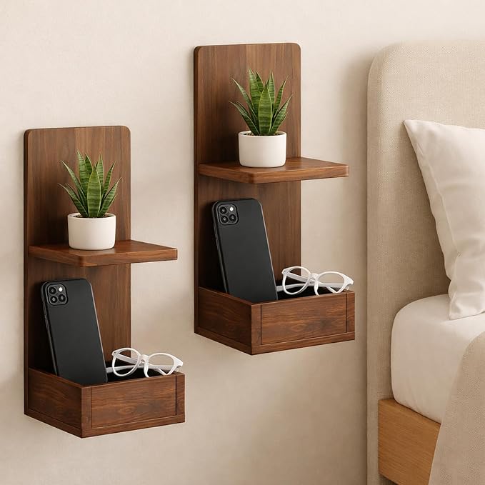 2-Tier Walnut Floating Wall Shelf, Bedroom Storage - Image 8