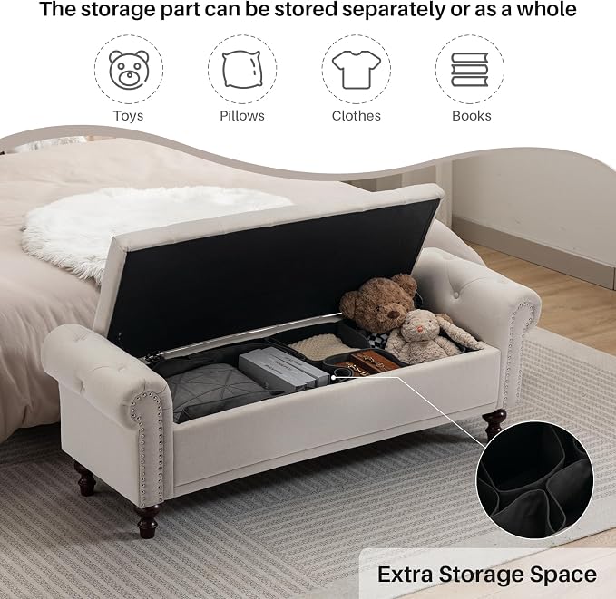 SOFTHION 58.1" Storage Bench for Bedroom, Linen Upholstered - Image 3