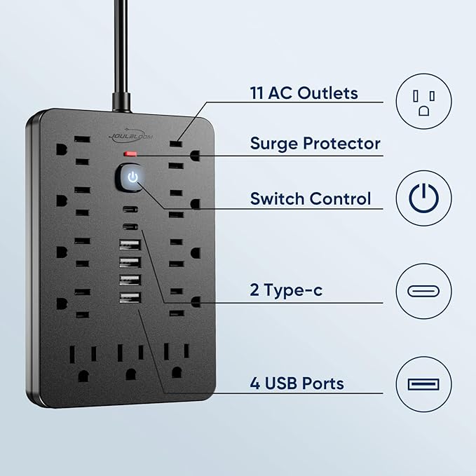 JouleLoom 2PCS 6 FT Flat Plug Surge Protector Power Strip,11 Multiple AC Outlets with 6 USB Ports (2 USB C), 6 Feet Extension Cord, 1250W/10A, One Touch Switch Button, 17 in 1 Compact powerstrip