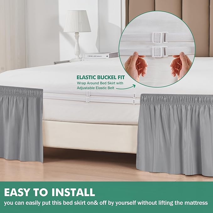 Biscaynebay Wrap Around Bed Skirts with Split Corners for King Beds 12" Drop, Silver Grey Adjustable Elastic Dust Ruffles Easy Fit Wrinkle & Fade Resistant Silky Luxurious Fabric Machine Washable