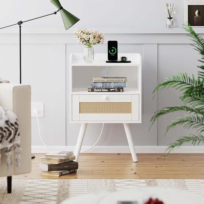 SUPERJARE Nightstand with Charging Station & Rattan-Like Decor Drawer, Rattan End Table with Solid Wood Feet, Bed Side Table with Open Storage, for Bedroom, Living Room, Dormitory - White