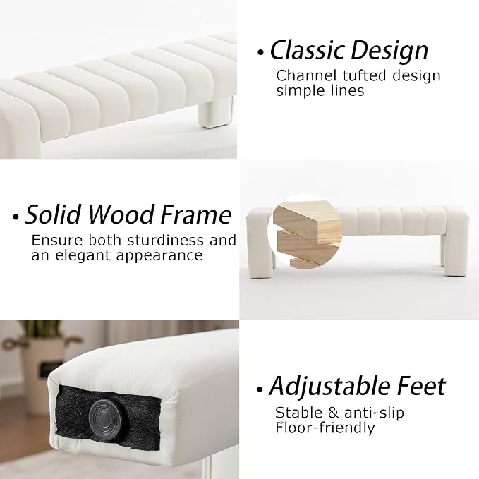 59" Velvet Bench for Bedroom King Size Bed Window End of Bed, Ivory White | - Image 6