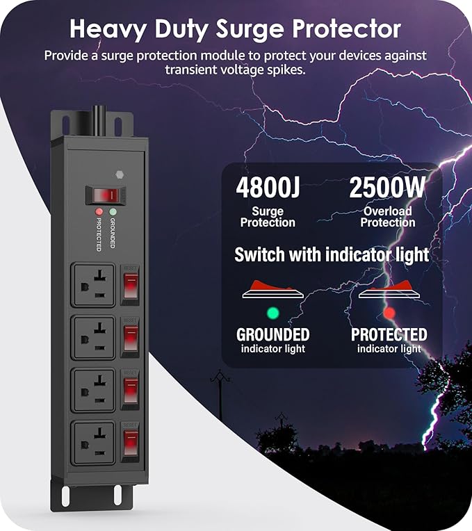 CCCEI Heavy Duty Surge Protector Power Strip 20 Amp Individual Switches. 20FT 12 Gauge Extension Cord with Multiple Outlets. Kitchen, Garage, Shop, Industrial Wall Mount Electric Extender, Black.