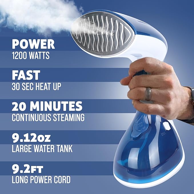 UNDERJAY Steamer for Clothes 1200W, Compact Handheld Garment Steamer for Home, Travel, Office. Portable Clothing Steamer with Upgraded Large Capacity Water Tank. Fabric Wrinkle Remover.