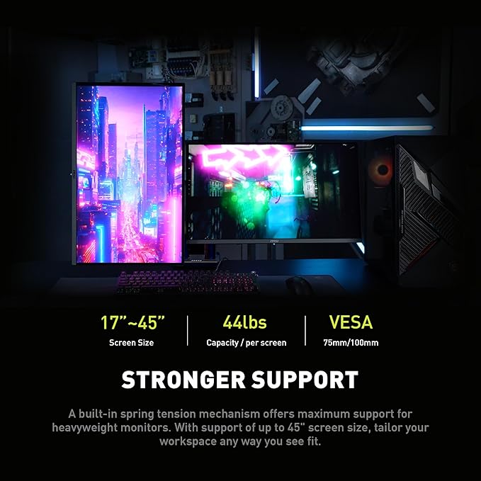 MSI MAG MT201D - Premium Heavy Duty Dual Monitor Stand Arms, 17-45" Support, VESA Compatible, Adjustable Spring Mount, 44 lbs per Screen, Clamp & Grommet, Quick Release Plate - Black