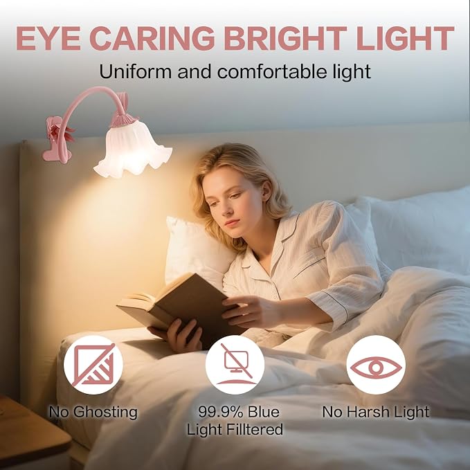 Clip On Light and Flower Bedside Table Lamp, Flexible Gooseneck Reading Book - Image 3