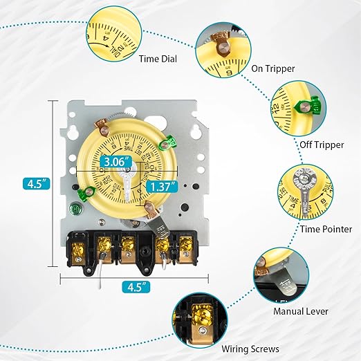 T104M Mechanical Timer Switch Mechanism Only, 208-277V 40A DPST, Heavy Duty Outdoor Timer for Pool Pump, Water Heater, Lighting – 24-Hour, 12 ON/Off Cycles.