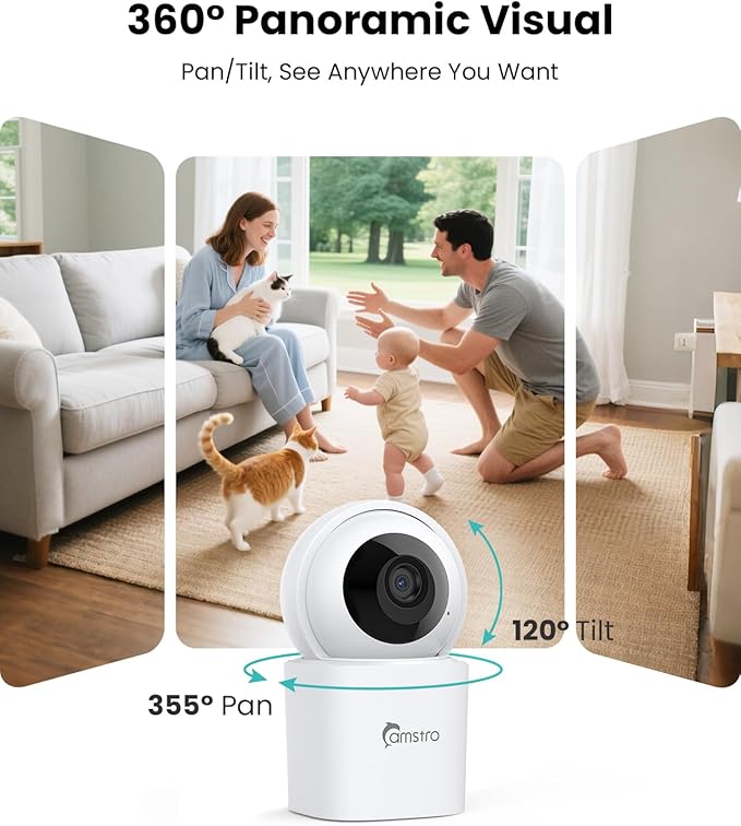 CAMSTRO 3K Indoor Security Camera,360°PTZ Home Baby/Pet Monitor,Auto Tracking,5MP Night Vision,2.4/5GHz WiFi,Motion & Sound Detection,2-Way Audio,SD Card/Cloud Storage,Works with Alexa,No Monthly Fee