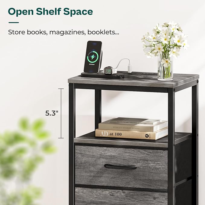 Huuger Nightstand with Charging Station, 27.6 Inch Bedside Table, Side Table | - Image 7