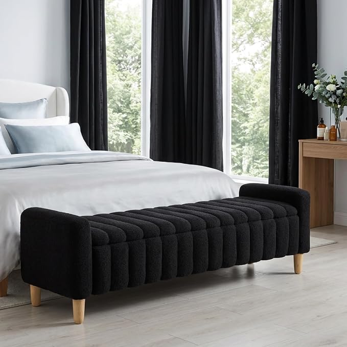 63.4" Cute Teddy Fabric Ribbed King Size End of Bed Bench. | Entryway Ottoman by Aortzio