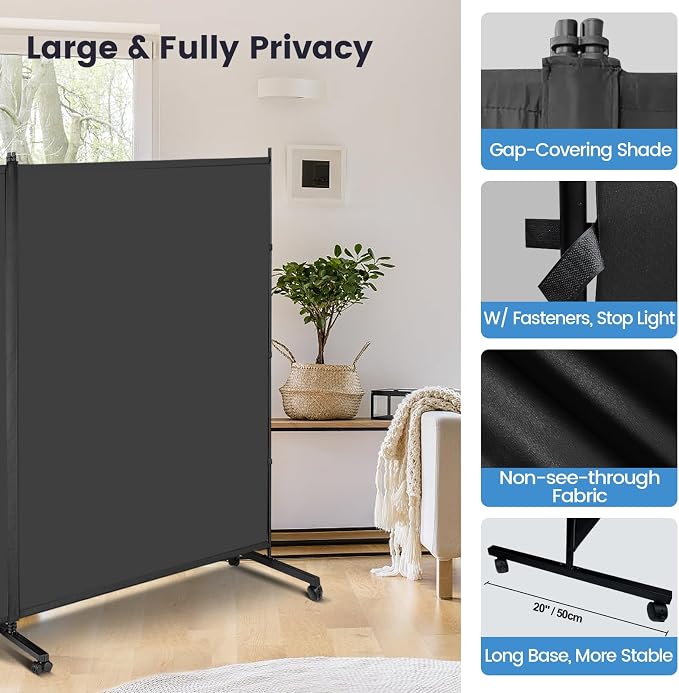 MAYOLIAH 2 Large Panels Room Divider on Lockable Wheels, Portable Wall Divider - Image 4