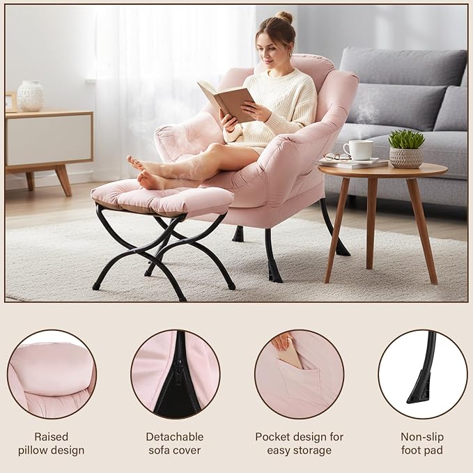 Welnow Lazy Chair with Ottoman, Reading Chair with Footrest, Foldable Footrest - Image 4