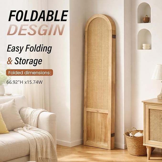 4 Panel Rattan Room Divider Screen, Boho Folding Privacy Screen | Decorative - Image 5