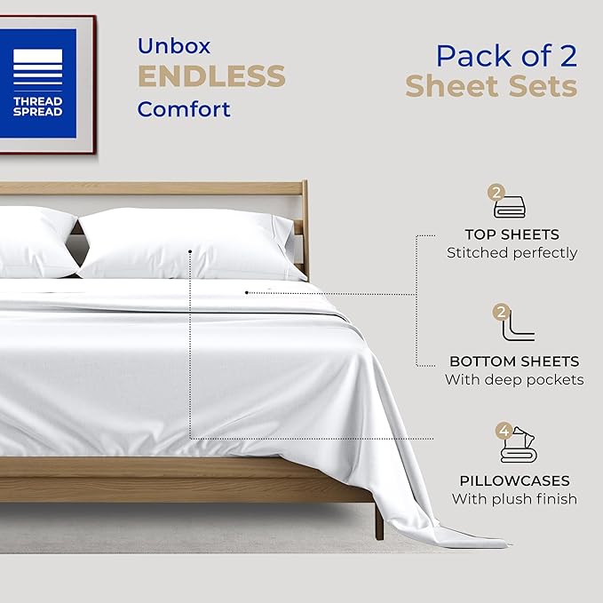 THREAD SPREAD 2-Pack King Size Sheets Set - 400 Thread Count 100% Cotton Sateen Weave - Extra Soft, Breathable, Hotel Quality Cooling Sheets, 2 Sets of King Size Deep Pocket Bed Sheets (White)