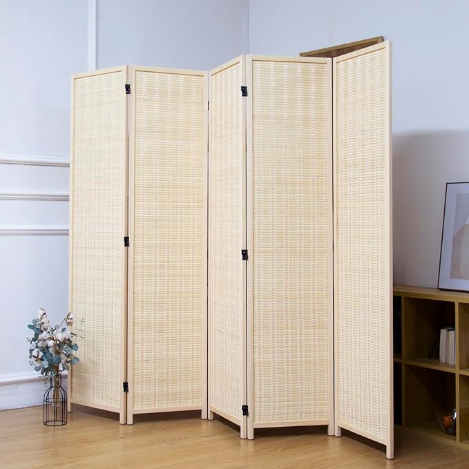 5 Panel Bamboo Room Divider, 5.6 ft Tall Folding Privacy Screen, Freestanding by PawlaBay