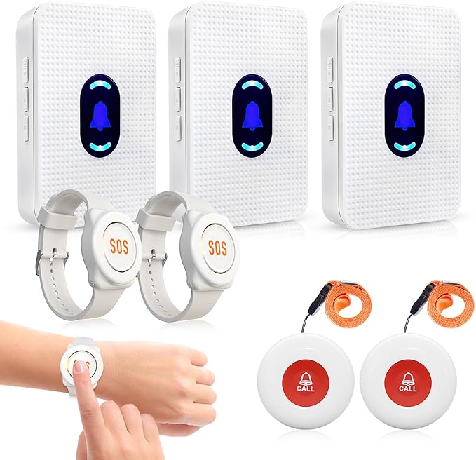 Daytech Wireless Caregiver Pager Call Button Elderly Nurse Alert System for Elderly Monitoring/Seniors with 2 SOS Call Panic Buttons & 2 Watch Pagers, 500+Feet 3 Receivers