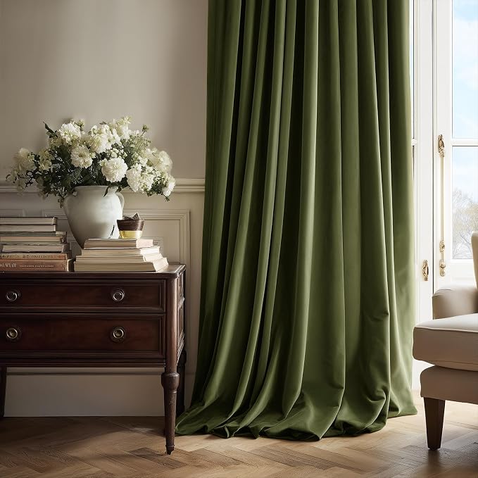 92 Inch Long Olive Green Velvet Blackout Curtains - Image 2