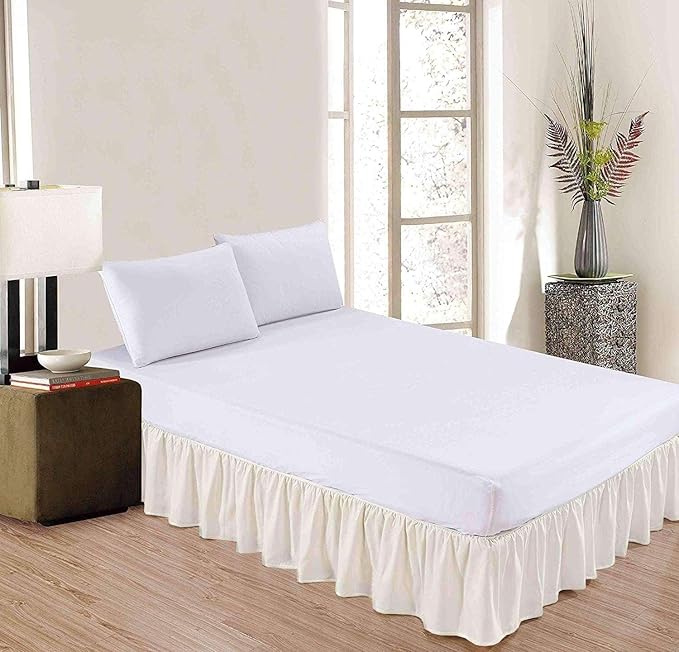 Ivory Solid Ruffled Bed Skirt Short Queen-14 Inch Drop Split Corner, Microfiber Bedskirt with Platform Three Sided Coverage