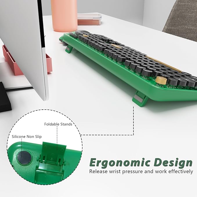 Kootop Wireless Keyboard,Cute Colorful 104 Keys Typewriter Retro Round Keycaps Keyboard for PC Laptop,Desktop,Windows, Home and Office Keyboards (Black Green)