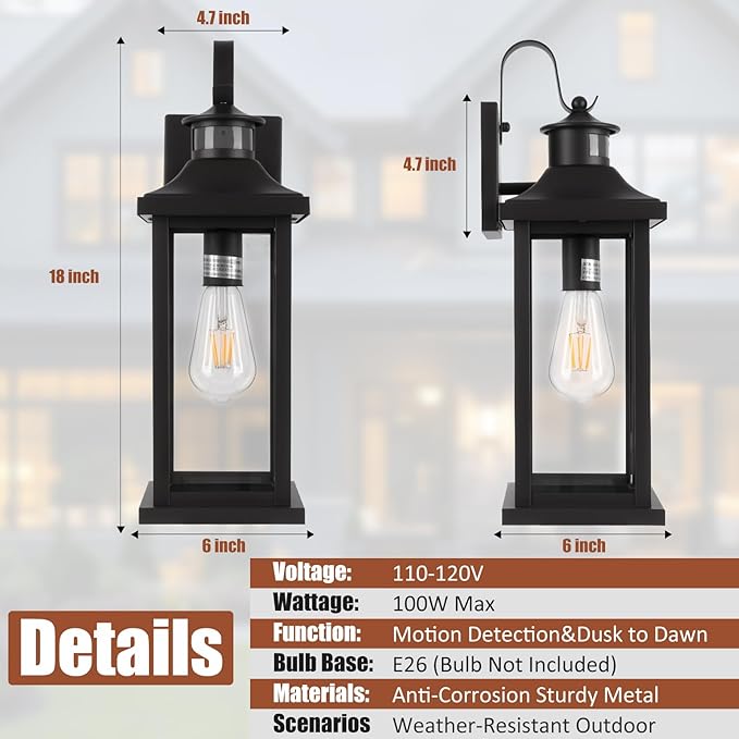 Roravilila 18 Inch Motion Sensor Outdoor Lights 2-Pack, Large Black Dusk to Dawn Outdoor Porch Lights for House IP65 Waterproof Exterior Lighting Fixtures for Front Door Garage Lantern Sconces