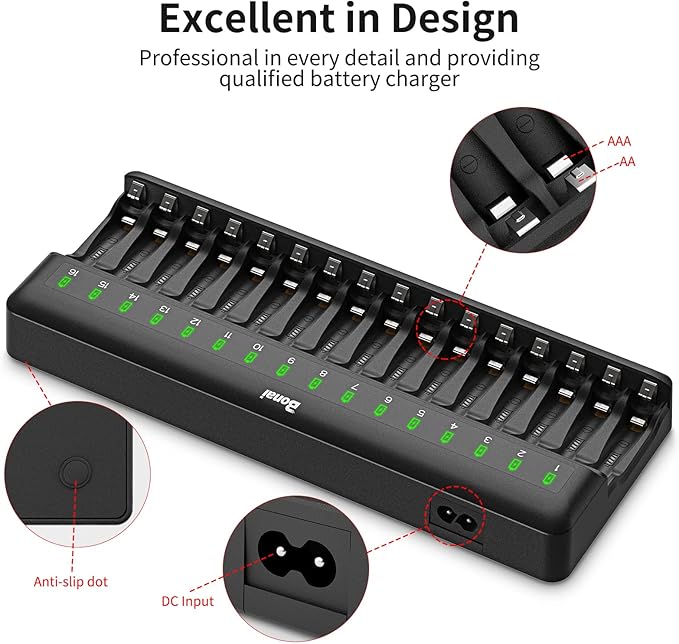 BONAI AA AAA Battery Charger 16 Bay for NiMH Rechargeable Batteries Independent Control with LED Light and Standard American AC Charging Plug, Battery not Included - Black