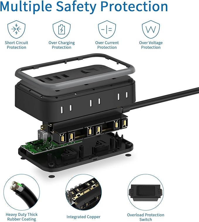 Extension Cord 25 Ft NTONPOWER Long Extension Cord with 6 Widely Spaced Outlet, Power Strip with 4 USB Port(2 USB-C), Wall Mount for Home Office, Dorm Room and Nightstand, Black