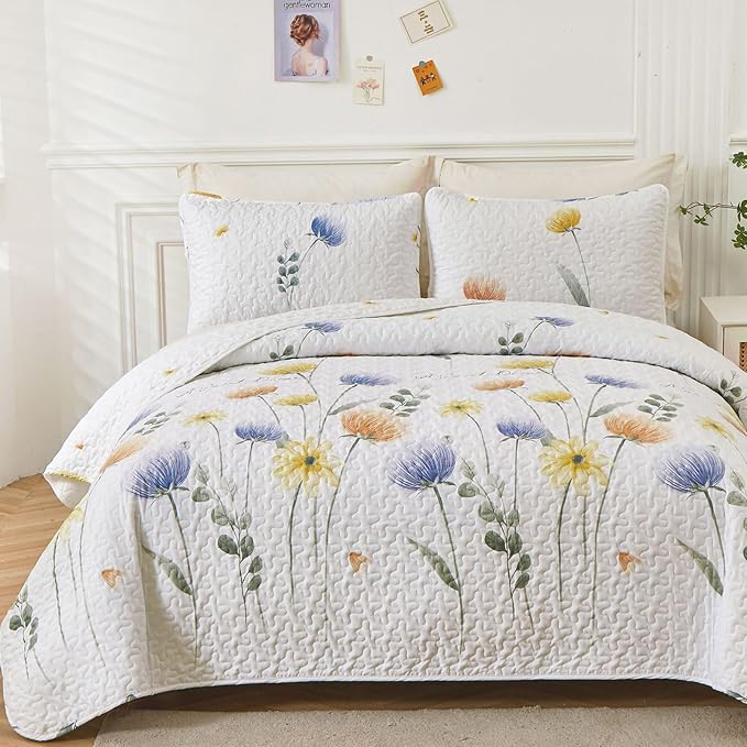 Dinjoy Floral Quilt Set Queen Colorful Flower Bedspreads by DINJOY