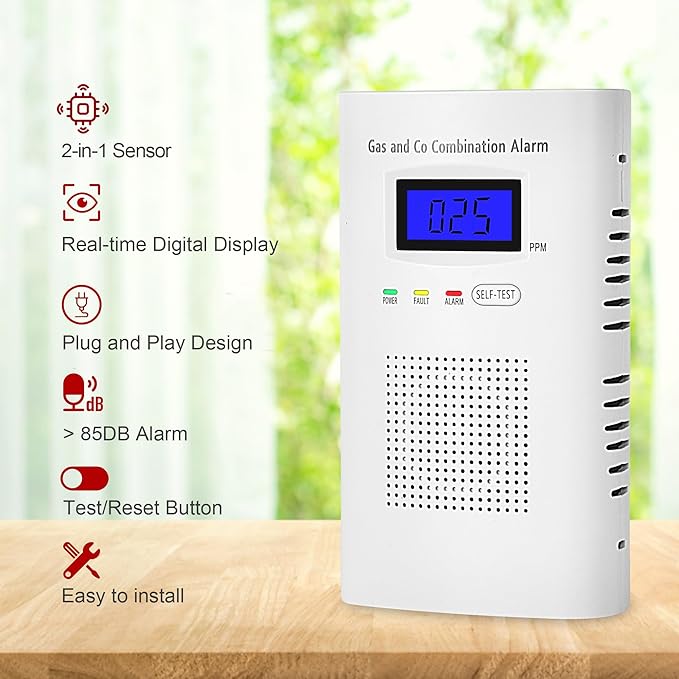 2 Packs Combination Gas & Carbon Monoxide Detector, Plug in Carbon Monoxide Alarm & Natural Gas Detector,Propane,Methane,with Backup 9V Battery Feature, Digital Display, for Home, Apartment, RV