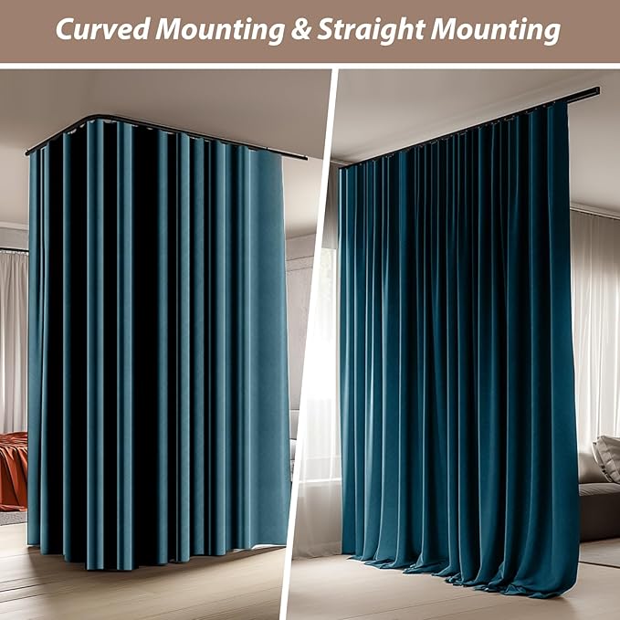 Room Divider Curtains with Ceiling Curtain Track Set Window Curtain for Bedroom,Living Room Total Blackout Thermal Insulated Privacy Ceiling Track Curtain W 6 × H 6 FT Azure Blue drape&Black track