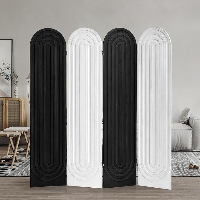 Wood Room Divider and Folding Privacy Screen 4 Panel White Black | Arched Room - Image 9