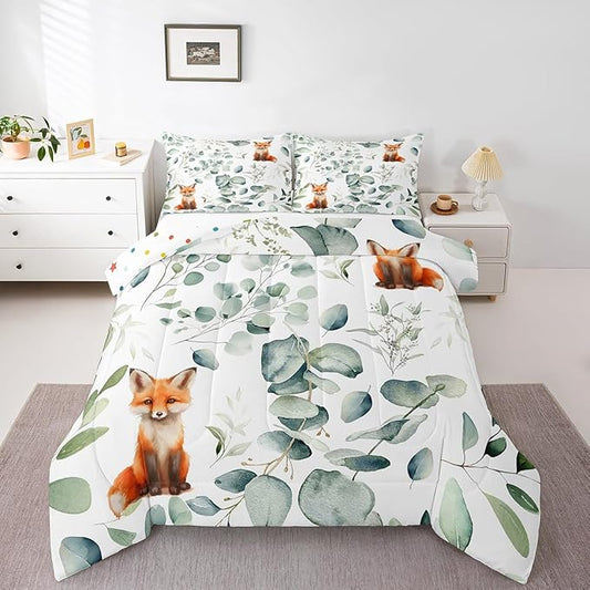 Erosebridal Girls Cartoon Animal Full Bedding Sets for Kids Toddler Kawaii Fox Comforter Set, Woodland Wildlife Bedding Comforter Sets Jungle Wild Fox Duvet Insert, Green Eucalyptus Down Comforter