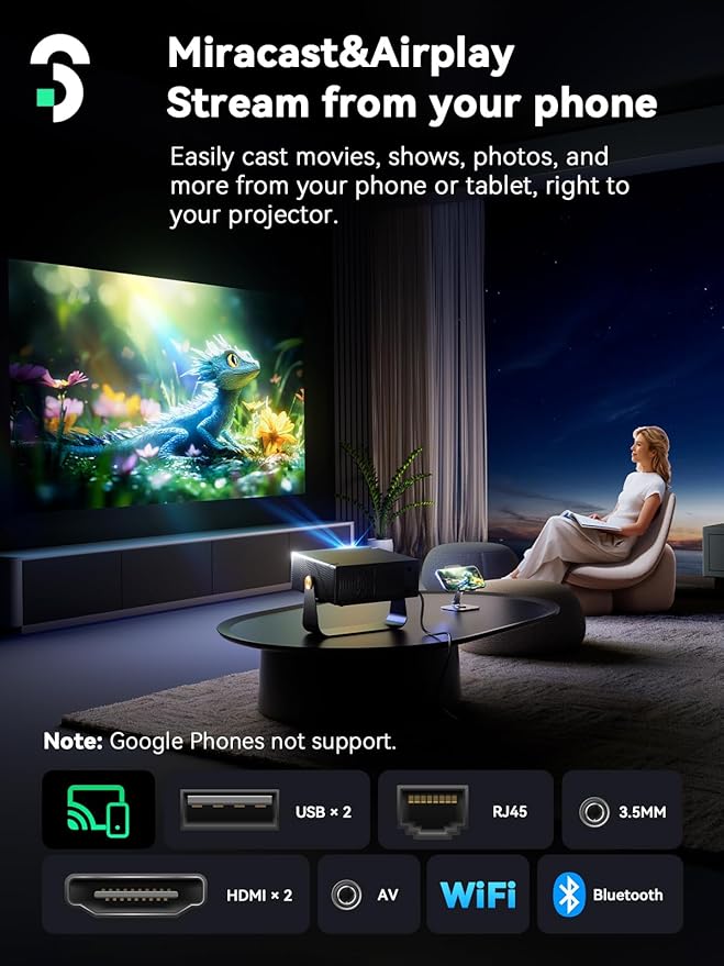 SOOMFON SK3 Smart Projector with WiFi and Bluetooth 1080P Native HDR10 - Portable Outdoor Movie Mini Projector with Stand Auto Focus & Keystone, Zoom for Home/Bedroom Compatible with Netflix