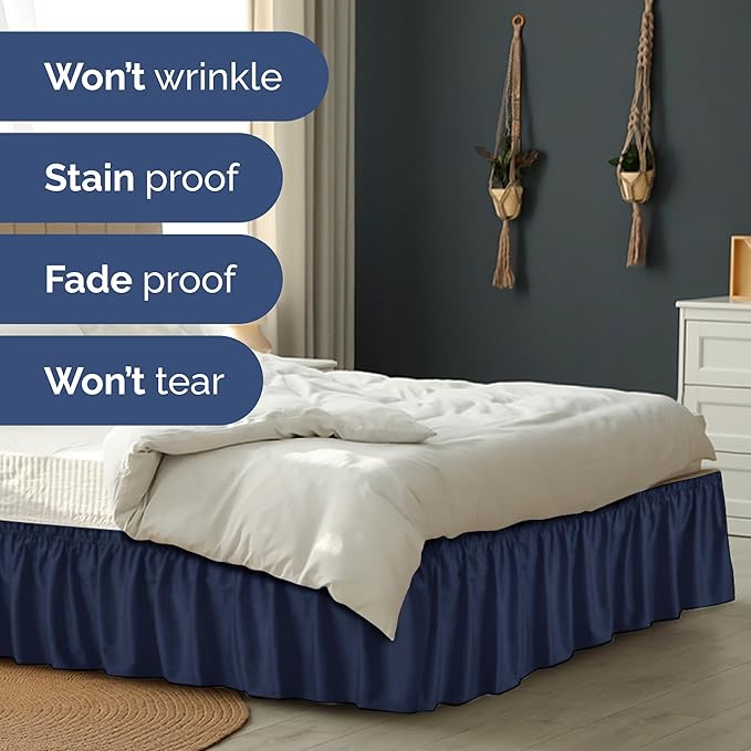 Wrap Around Dust Ruffle Bed Skirt - Navy Blue - Twin/Twin XL Size Beds with 12 Inch Drop - Elastic Strap - Adjustable Pleated Bedskirt with Brushed Fabric and Wrinkle Free - Women, Men, Kids & Teens