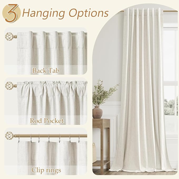 100% Blackout Linen Curtains for Bedroom 72 Inches Long Natural Cream Black Out - Image 6