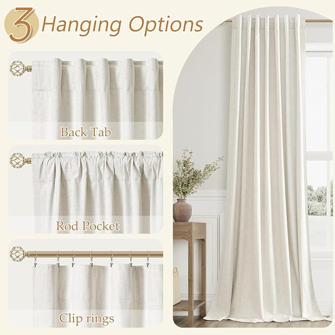 100% Blackout Linen Curtains for Bedroom 66 Inches Long Natural Cream Black Out - Image 6
