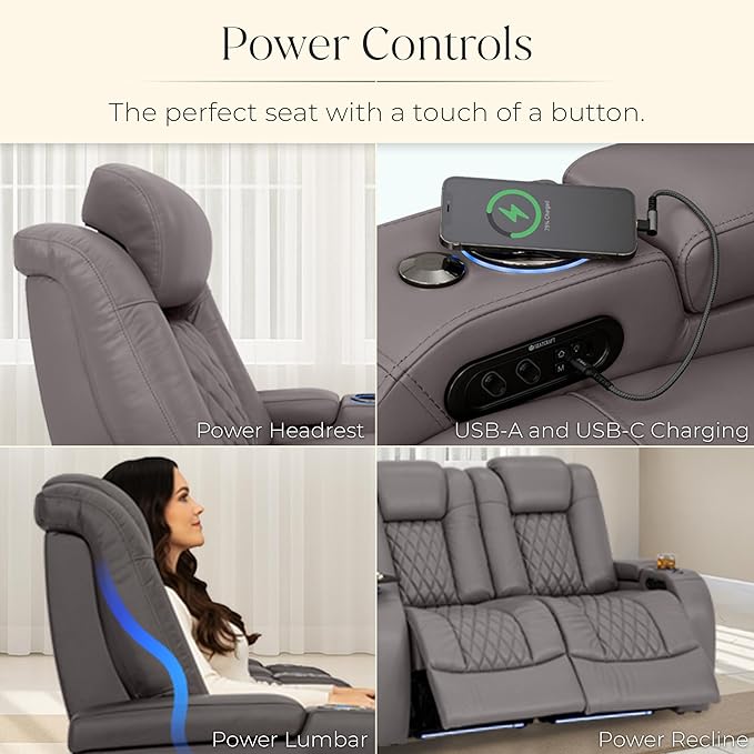 Seatcraft Diamante Zero-Gravity CoolZero Italian Leather Home Theater Seating, Power Headrest, Power Recline, Row of 5 Dual Loveseats, Gray