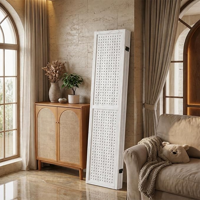 4 Panel Pegboard Room Divider, Folding Privacy Screen, Freestanding Wooden - Image 7