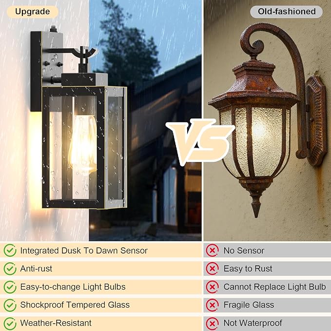 LTBLIGHT Dusk to Dawn Outdoor Front Porch Light, Vintage Black-Gold Exterior Security Lighting Fixtures, Waterproof Wall Lanterns for Home, Entry, Backyard, Patio, 100-120Vac