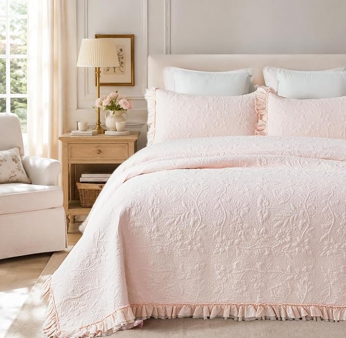 Brandream Queen Size Quilt Set Cotton Light Pink Quilts Shabby Chic Bedding by Brandream