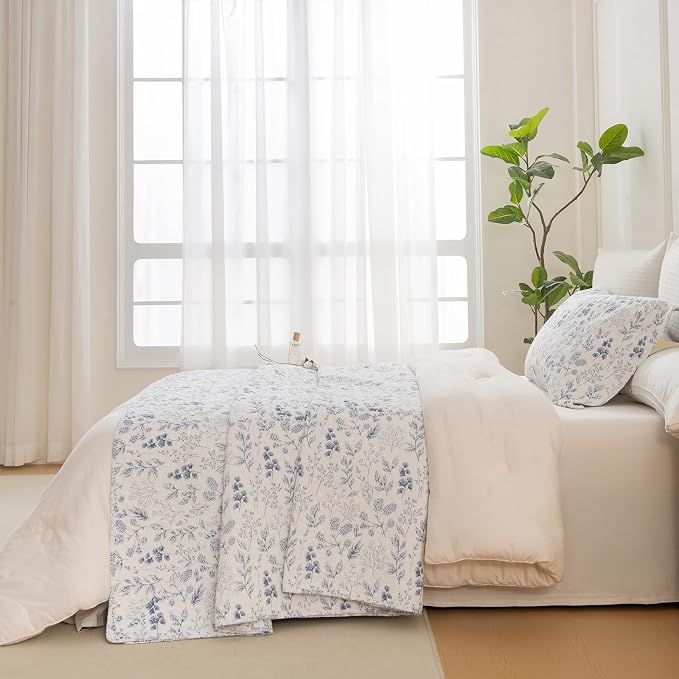 QSH 100% Cotton Floral Quilt Bedspread Oversized King Set-3Pcs Blue & White - Image 9