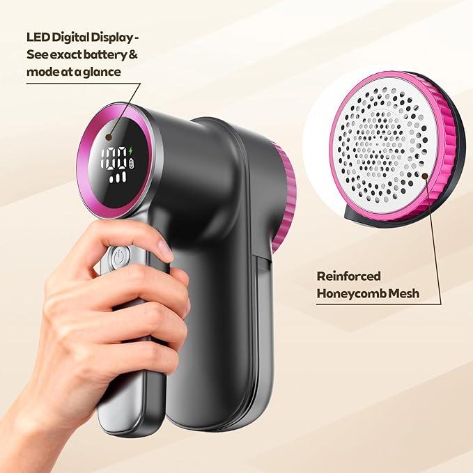 Ciotuiou Rechargeable Fabric Shaver & Lint Remover, Electric Sweater Defuzzer with 3 Speeds, 6 Leaf Blades, LED Display & Type-C Fast Charging, Lint Shaver for Clothes, Furniture, Sweater, Couch
