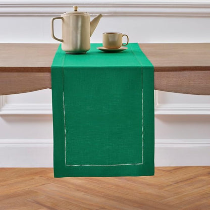 Solino Home Linen Hemstitch Table Runner 108 Inches Long - 100% Pure Linen Emerald Green Table Runner 14 x 108 Inch for Christmas, New Year - Classic Hemstitch