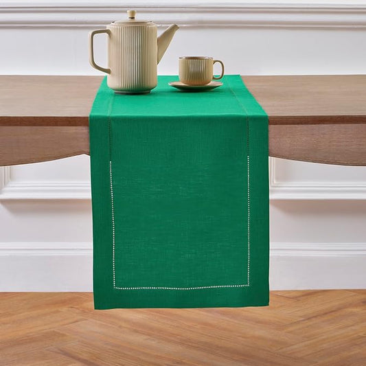 Solino Home Linen Hemstitch Table Runner 108 Inches Long - 100% Pure Linen Emerald Green Table Runner 14 x 108 Inch for Christmas, New Year - Classic Hemstitch