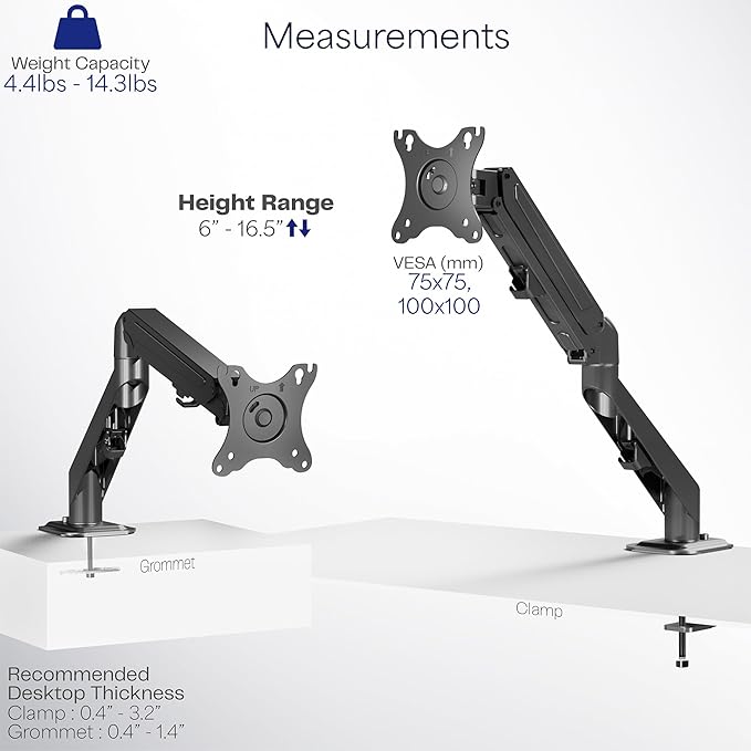 VIVO Heavy Duty Single Monitor Tension Arm for up to 27 inch Screens, Holds 14.3 lbs, Premium Desk Mount Stand, Black, STAND-V101O
