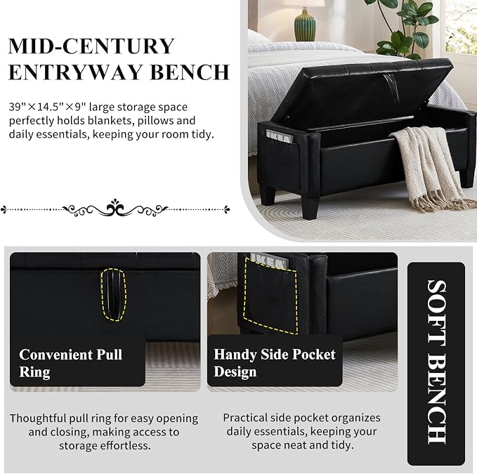 Modern Storage Ottoman Bench, PU Leather Upholstered End of Bed Bench - Image 5