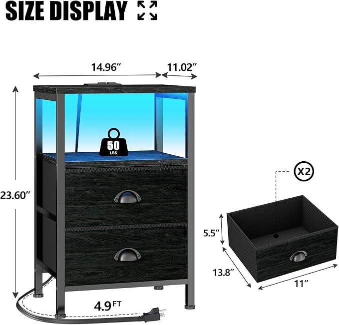 Furologee Night Stand with LED Light, Charging Station, 2 Drawer, 2 Fabric - Image 3