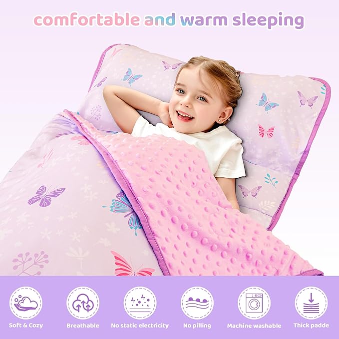 Viviland Toddler Kid Nap Mat for Preschool, Girls Purple Butterfly Slumber Bag, Daycare Sleeping Bag with Pillow and Blanket, Kindergarten Sleep Mat