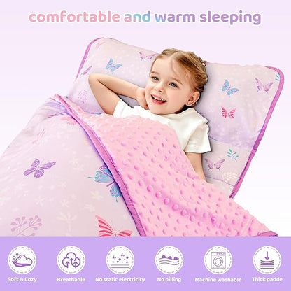 Viviland Toddler Kid Nap Mat for Preschool, Girls Purple Butterfly Slumber Bag, Daycare Sleeping Bag with Pillow and Blanket, Kindergarten Sleep Mat