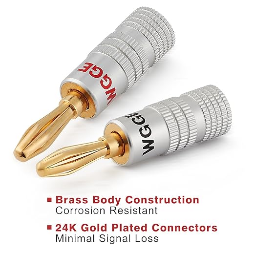 WGGE WG-009 Banana Plugs Audio Jack Connector, 24k Gold Dual Screw Lock Speaker Connector for Speaker Wire, Wall Plate, Home Theater, Audio/Video Receiver and Sound Systems (6 Pairs / 12 pcs)