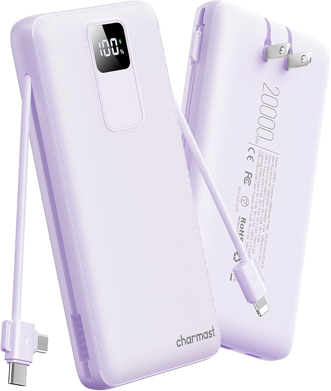 charmast 20000mAh Portable Charger with Built-in Cables & Wall Plug, 20W USB C Power Bank, Fast Charging Battery Pack Travel Essentials Compatible with iPhone 16/15/14 Series, Samsung, Google, iPad